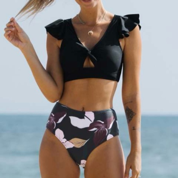 Floral Printed Ruffle Black Tankini Bikini Set - Picture 1 of 6